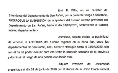 EL INTENDENTE EMIR FÉLIX PIDIÓ LA PRÓRROGA DE LA SUSPENSIÓN DEL TURISMO PROVINCIAL HASTA EL 3 DE JULIO