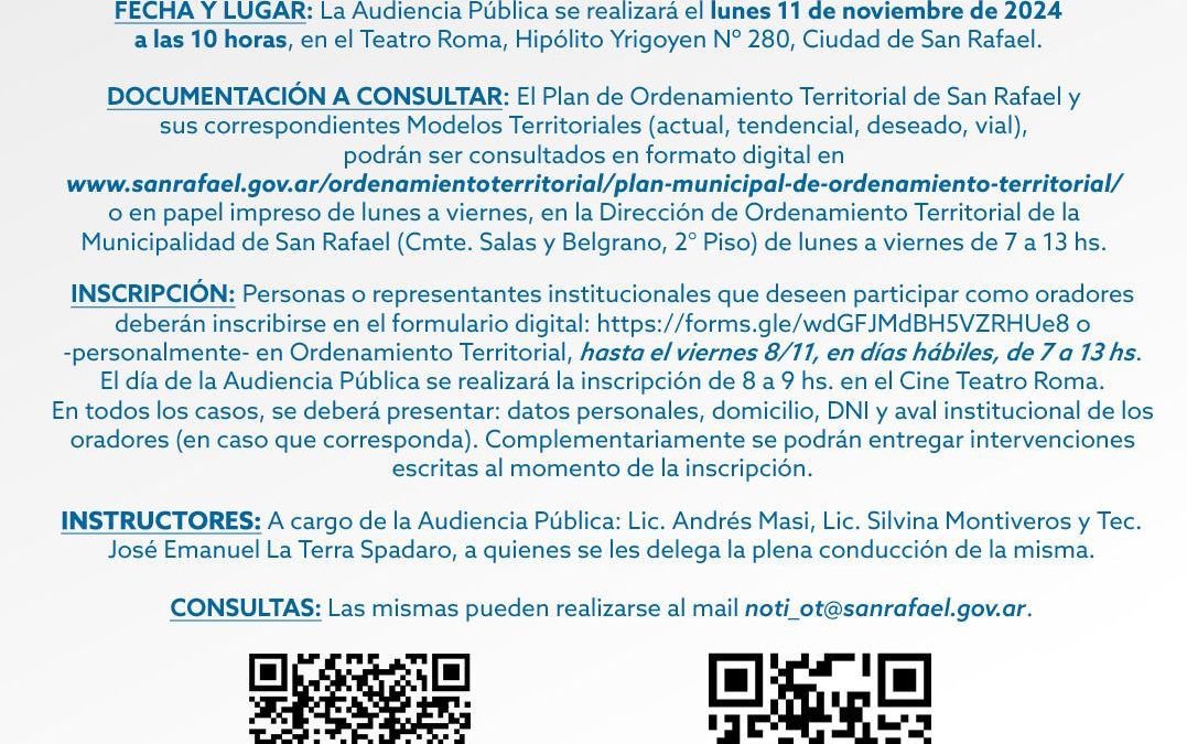 YA TIENE FECHA LA AUDIENCIA PÚBLICA POR EL PLAN DE ORDENAMIENTO TERRITORIAL DE SAN RAFAEL